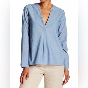 Theory Ofeliah Blue Chambray Blouse Split Back Buttons Deep V-Neck Size Large